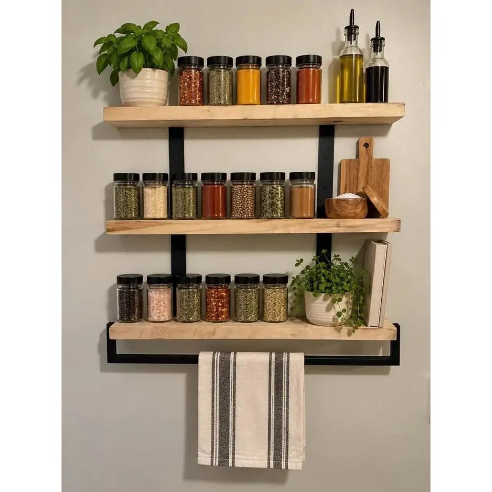 3-Tier Wall Mounted Pine Wood Shelf with Towel Bar – New